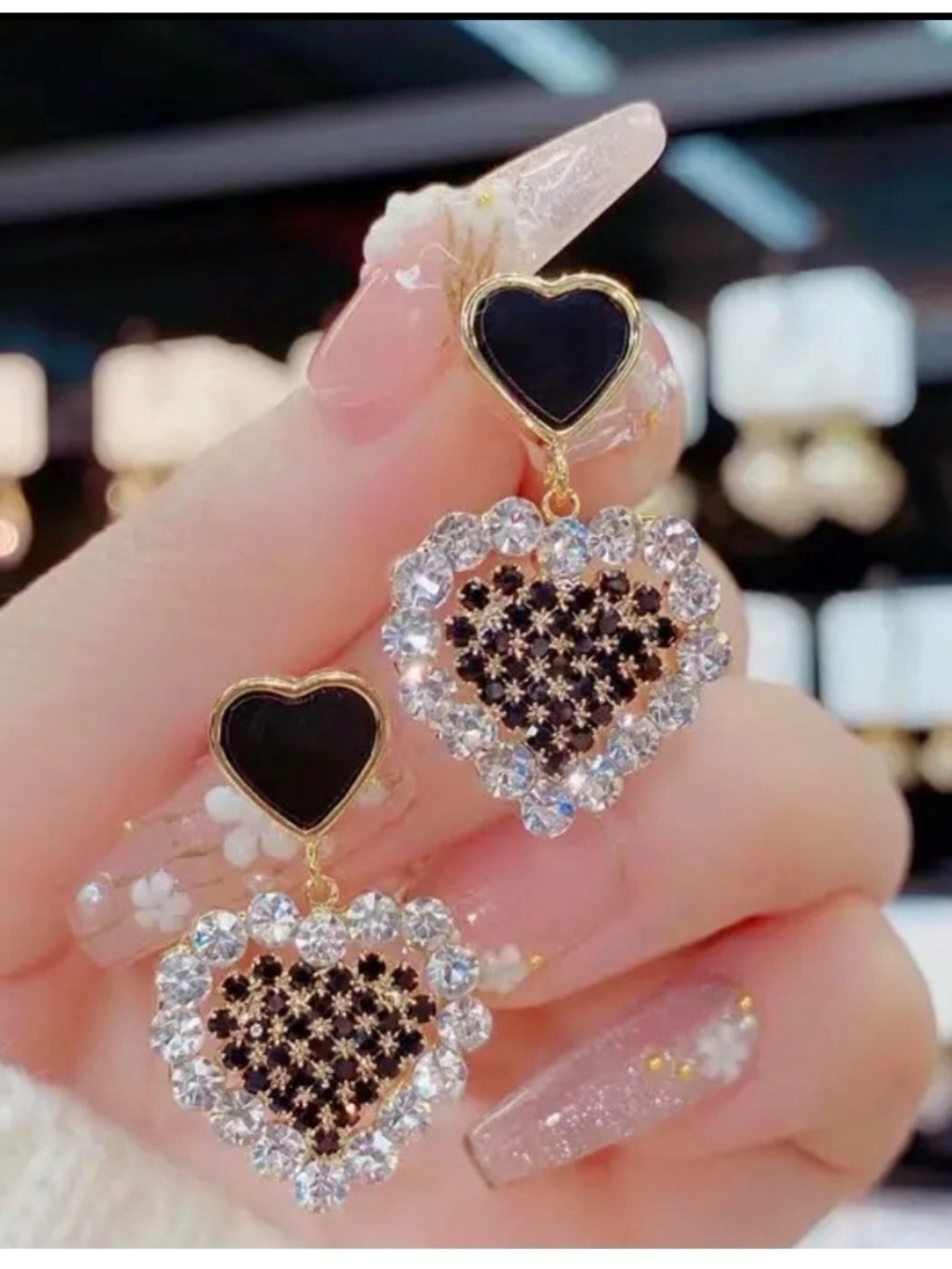 Beginning Boutique Black Heart Crystal Drop Earrings - Picture 3 of 5